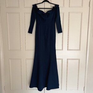 Yaura ASOS Frill Off Shoulder Fishtail Gown - Navy - Size 4 - Brand New BNWT